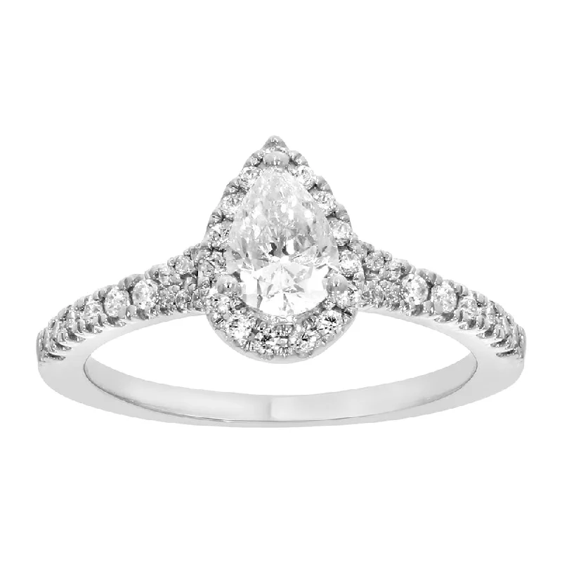 9ct White Gold 1 Carat Pear Cut Diamond Solitaire Ring with Brilliant Halo and Sides