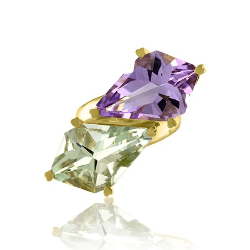 Lisa Nik 18k Gold Green Quartz & Amethyst Bypass Ring