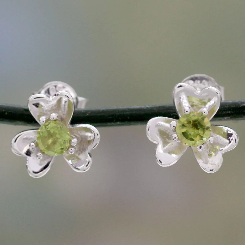 Shine Without Limits – Jewelry Sale Happening Now Cradle Lily Floral Peridot and Silver Button Earrings from India