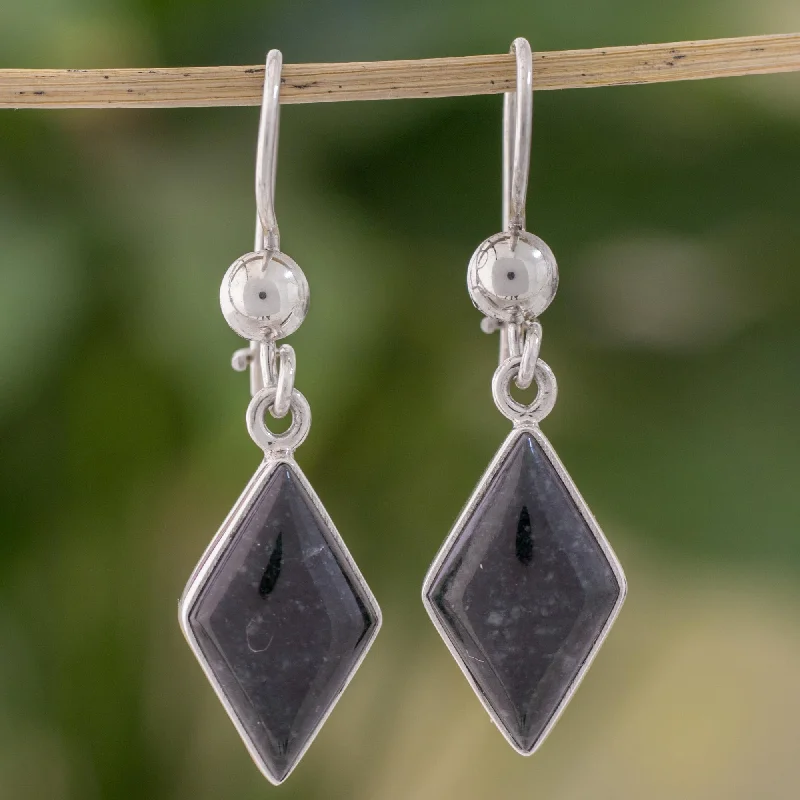 Discounted Jewelry For A Glamorous Look Dark Verdant Diamond Very Dark Green Jade and Sterling Silver Dangle Earrings