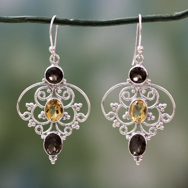 Limited Stock On Premium Jewelry At Low Prices Dusk Arabesque Indian Sterling Silver Earrings with Smoky Quartz & Citrine