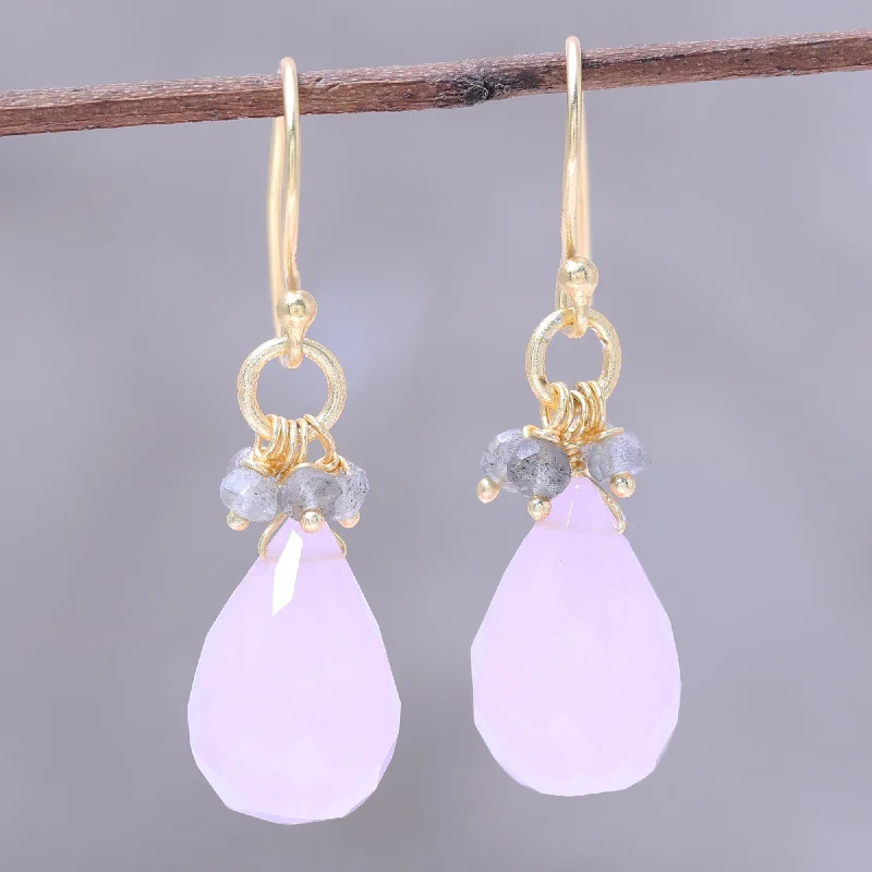 Luxury Jewelry Now At Special Promotional Rates Glittering Pink Drops 22k Gold Plated Rose Quartz and Labradorite Dangle Earrings