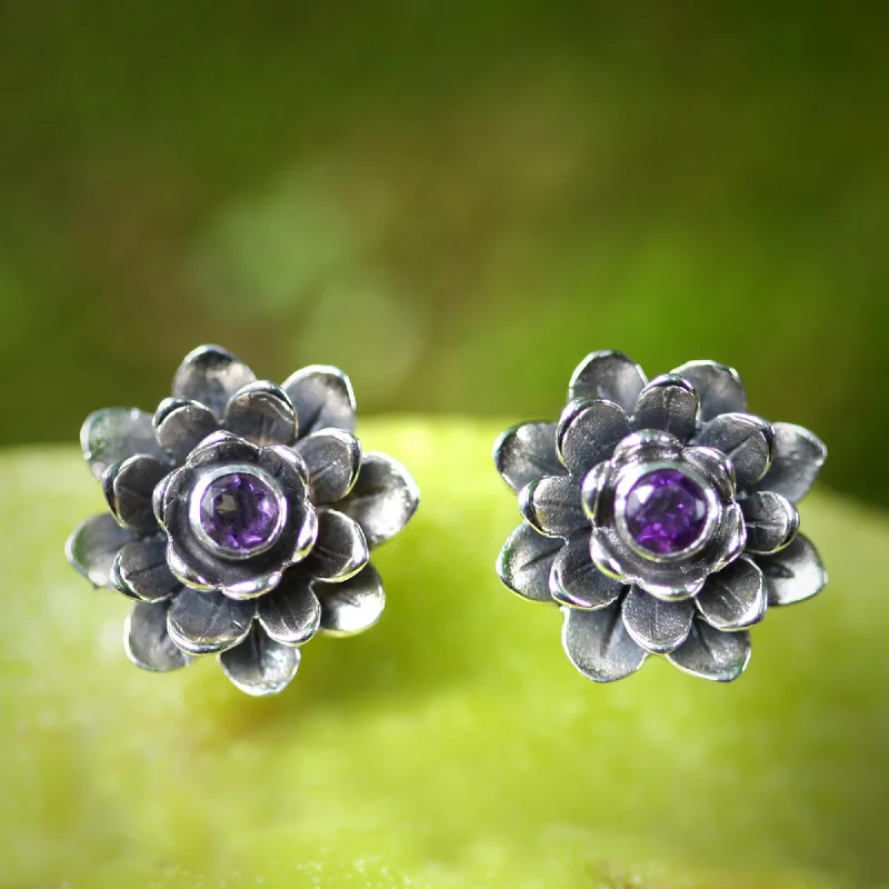 The Perfect Jewelry Piece At The Perfect Discount Lilac-Eyed Lotus Artisan Crafted Floral Amethyst Button Earrings