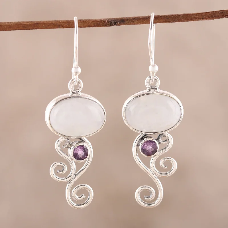 Buy More, Save More On Stunning Jewelry Designs Oval Tendrils Rainbow Moonstone and Amethyst Earrings from India