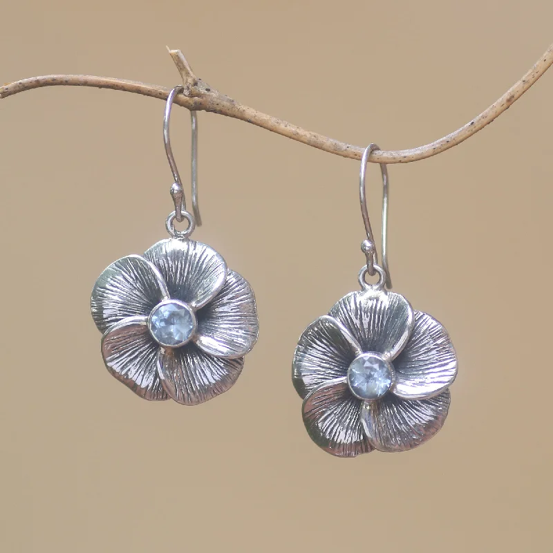 Luxury Jewelry At Unbeatable Discounts Plumeria Sparkle Blue Topaz Frangipani Flower Dangle Earrings from Bali