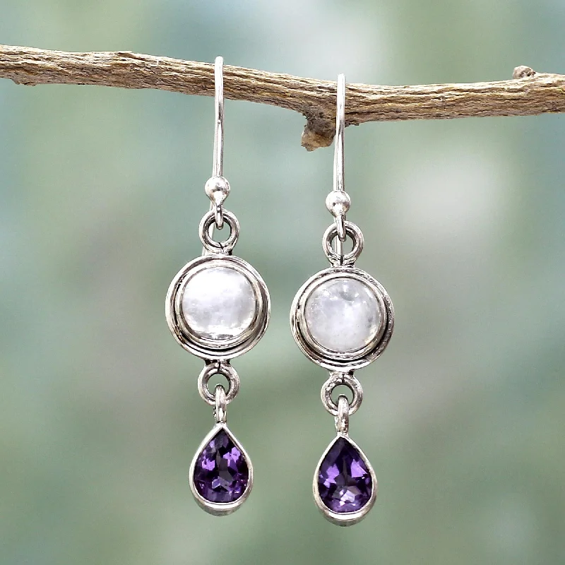 Seasonal Jewelry Deals – Elevate Your Style Purple Droplets Amethyst Rainbow Moonstone Dangle Earrings from India