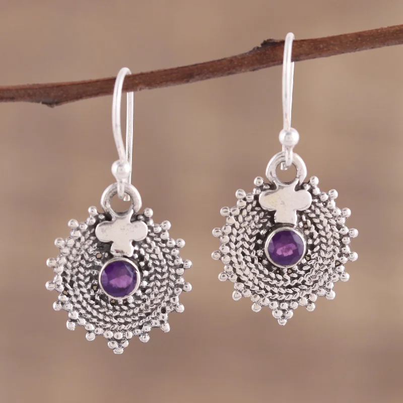 Versatile Layering Jewelry For Effortless Chic Purple Sunbeams Indian Amethyst and Sterling Silver Round Dangle Earrings