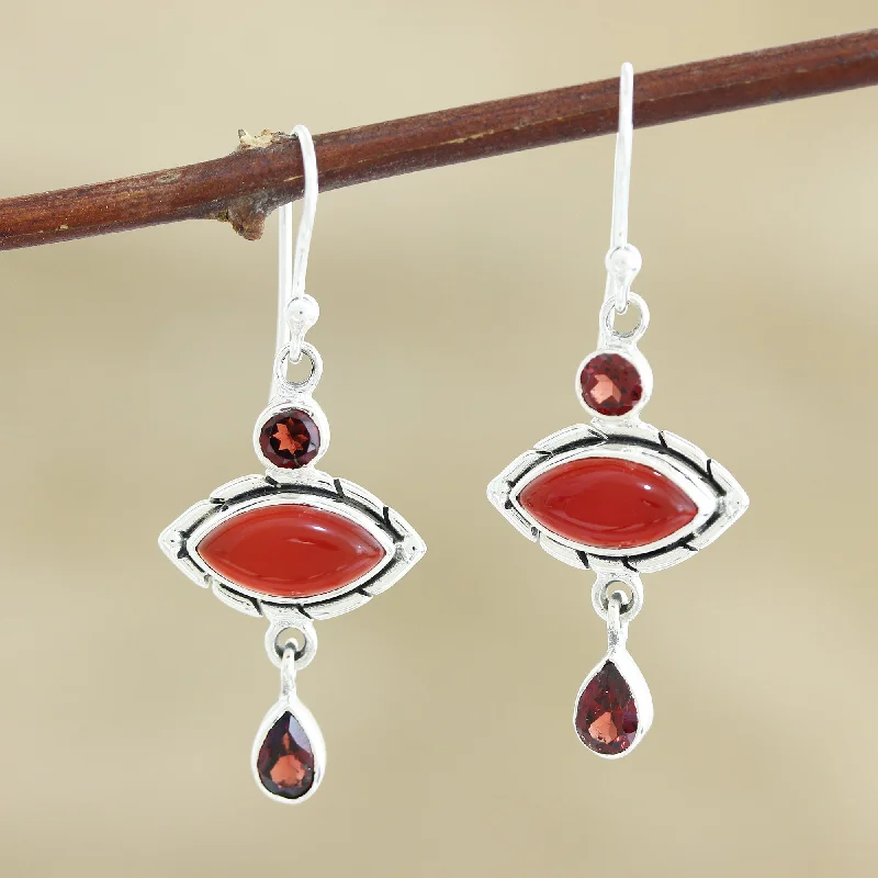 Dainty Floral Jewelry For Feminine Elegance Red Fusion Garnet and Carnelian Sterling Silver Dangle Earrings