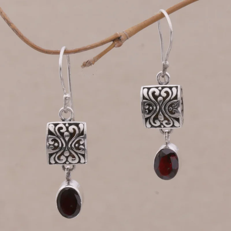 Dainty Floral Jewelry For Feminine Elegance Red Horizon Sterling Silver and Garnet Dangle Earrings from Bali