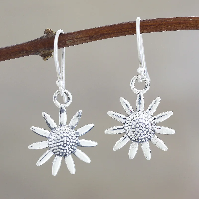 Modern Statement Jewelry For Bold Styling Sunflower Glitter Sterling Silver Sunflower Dangle Earrings from India