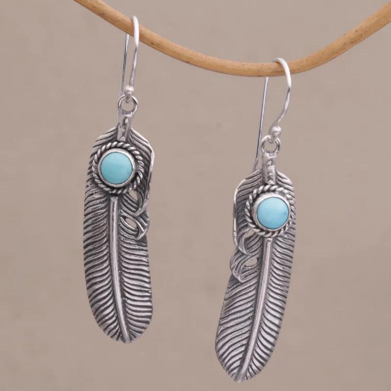 High-Quality Gemstone Jewelry For Special Occasions Turquoise Transcendence Turquoise and 925 Silver Feather Dangle Earrings from Bali