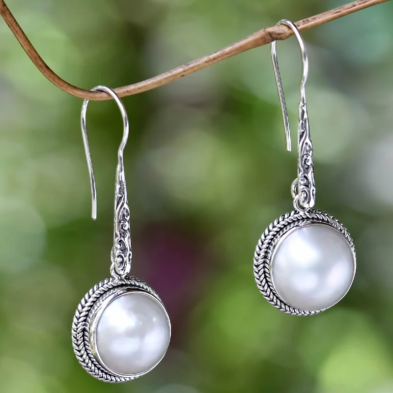 Shop Stylish Jewelry Now And Save Big White Camellia Cultured Mabe Pearl Dangle Earrings from Bali