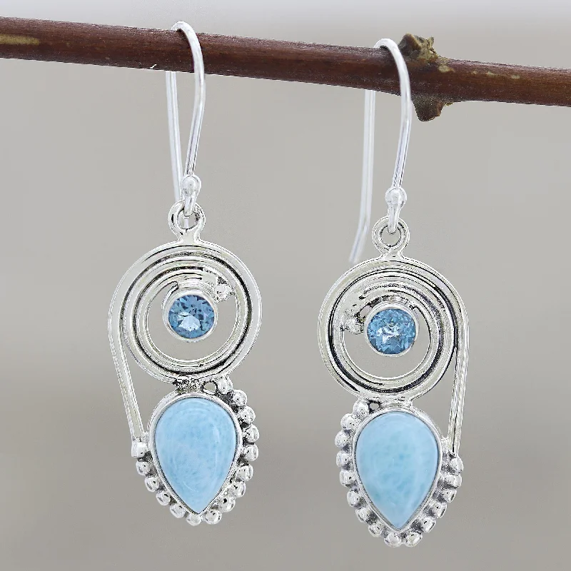 Delicate Crystal Jewelry For Sophisticated Charm Wondrous Coil Dangle Earrings with Larimar and Blue Topaz