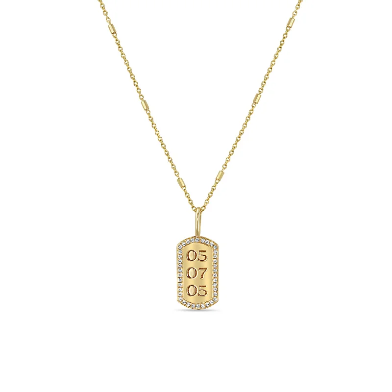 14k Engraved Date with Diamond Border X-Small Dog Tag Necklace