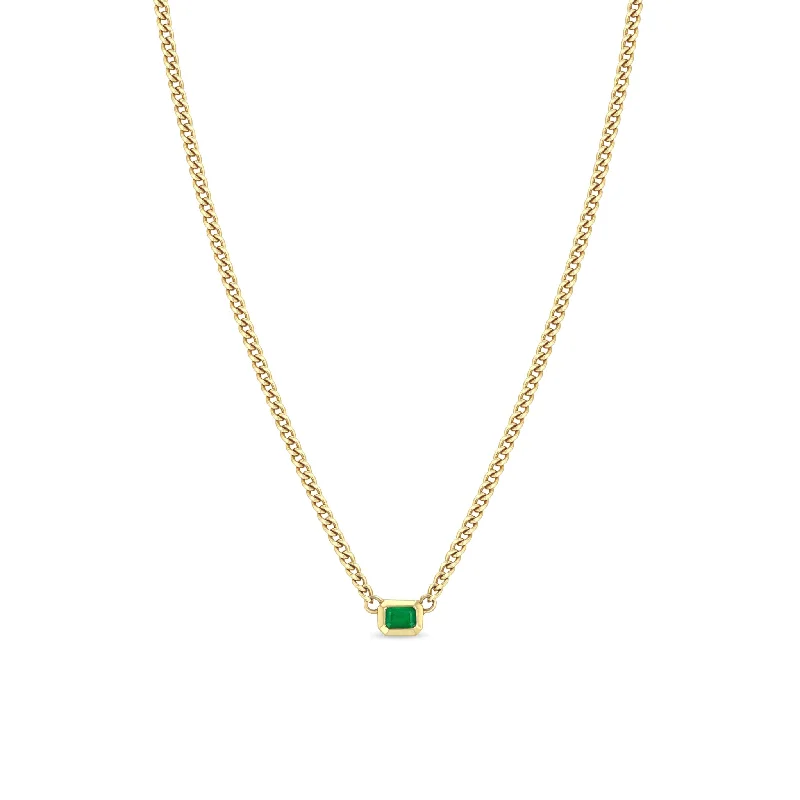 14k Emerald Cut Emerald Bezel XS Curb Chain Necklace