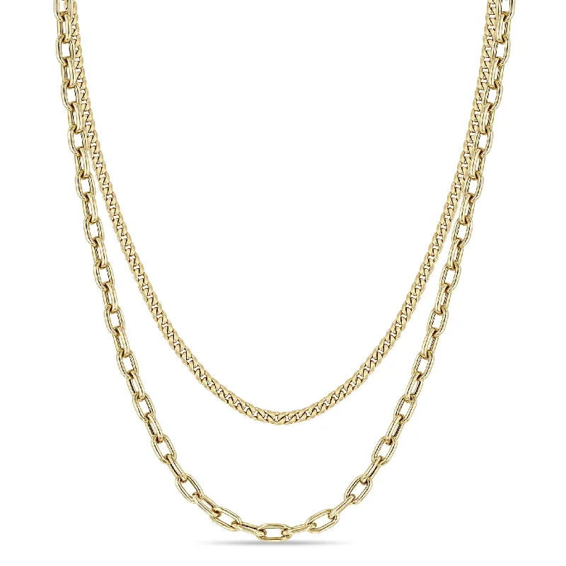 14k Small Curb Chain & Medium Square Oval Link Layered Necklace