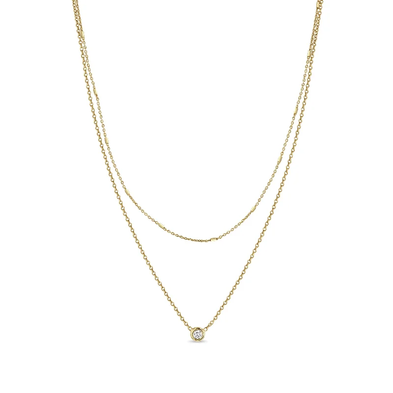 14k Tiny Bar Chain & Floating Diamond Layered Necklace