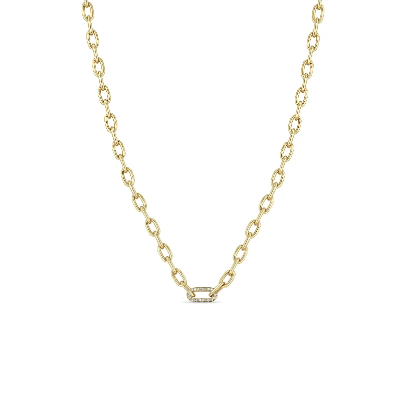 14k Gold Medium Square Oval Chain with Pavé Diamond Link Necklace