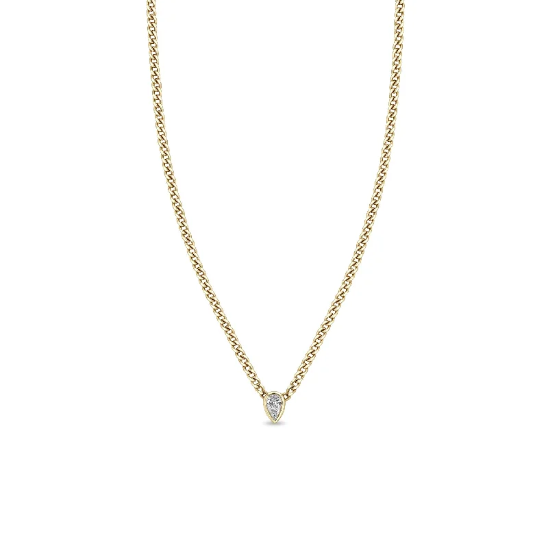 14k Extra Small Curb Chain Pear Diamond Bezel Necklace