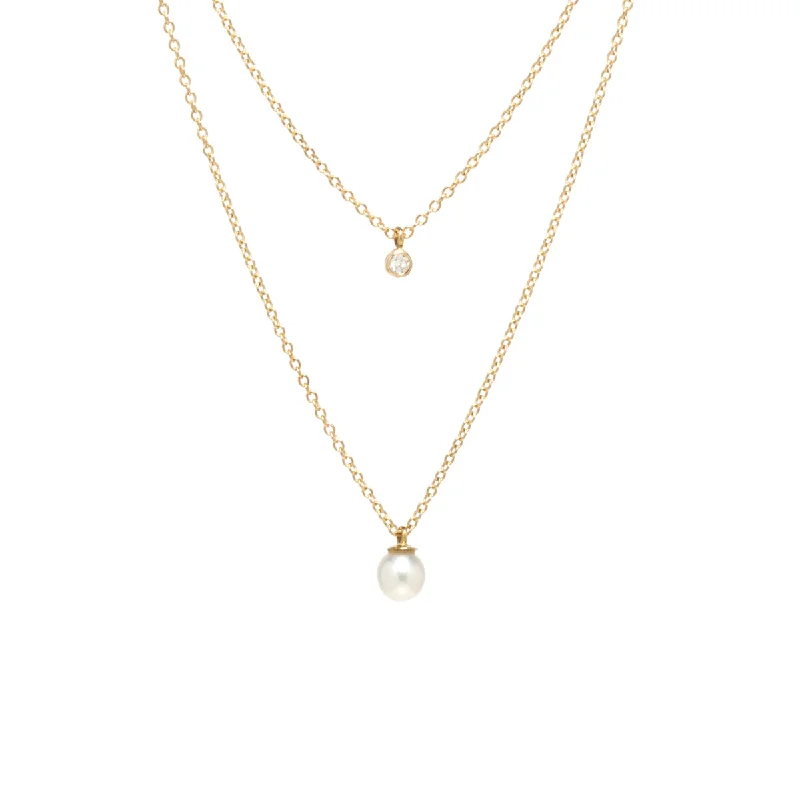 14k Diamond Bezel & Dangling Pearl Layered Necklace