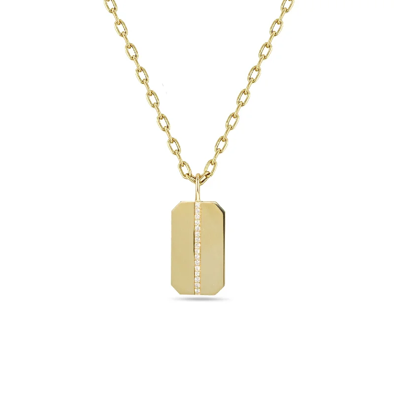 14k Medium Pavé Diamond Square Edge Dog Tag Square Oval Chain Necklace