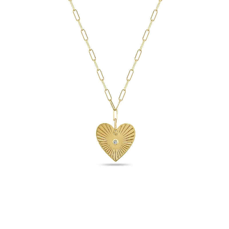 14k Medium Radiant Heart Medallion on Small Paperclip Chain