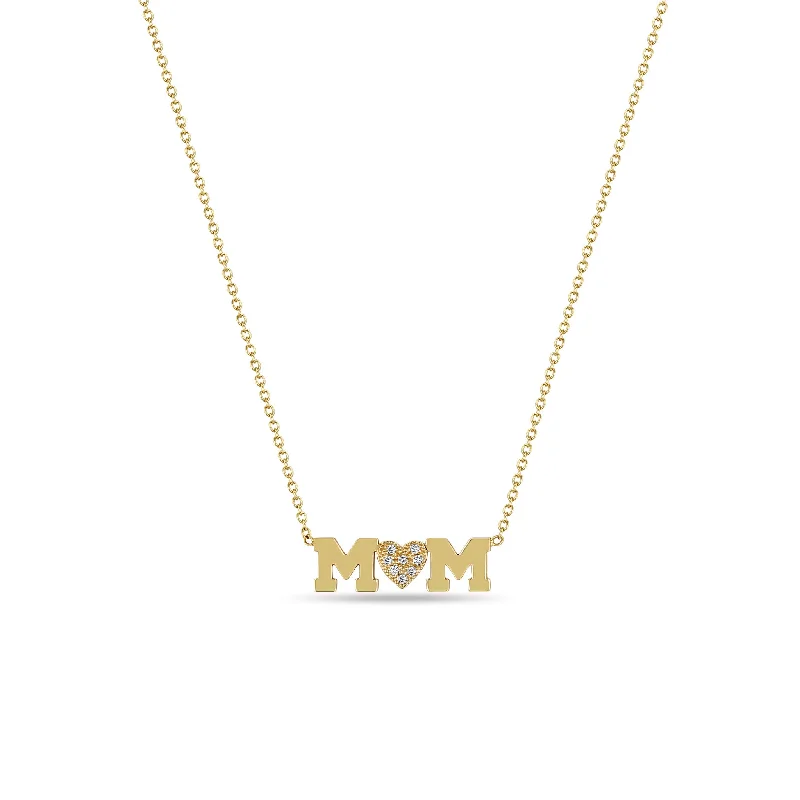 14k MOM with Pavé Diamond Heart Necklace