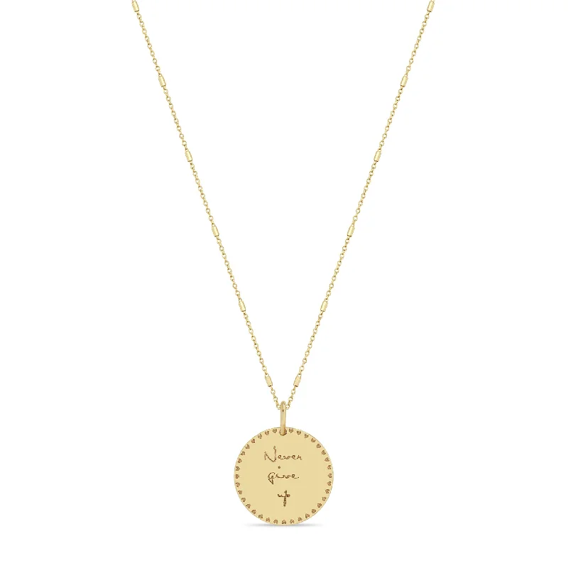 14k Small Mantra Heart Border Necklace on Tiny Bar & Cable Chain