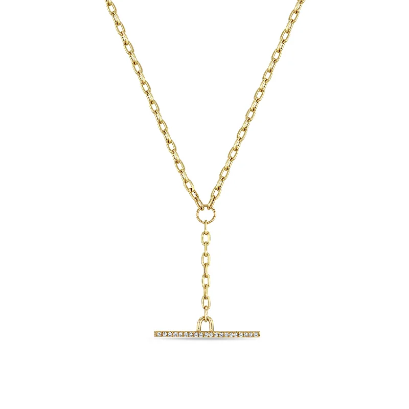 14k Small Square Oval Chain Pavé Diamond Faux Toggle Lariat Necklace