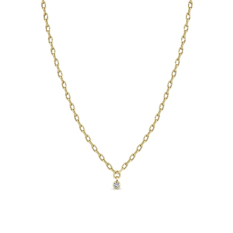 14k Small Square Oval Link Dangling Diamond Bezel Necklace