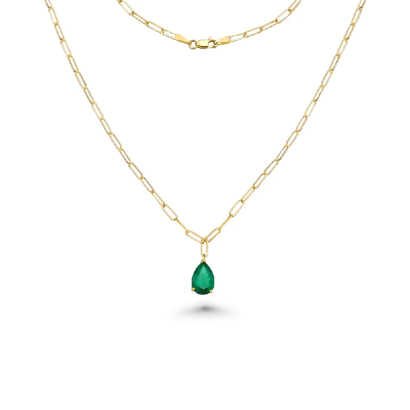 Pear Shape Genuine Emerald Pendant Necklace With Paper Clip Chain in 14K Gold