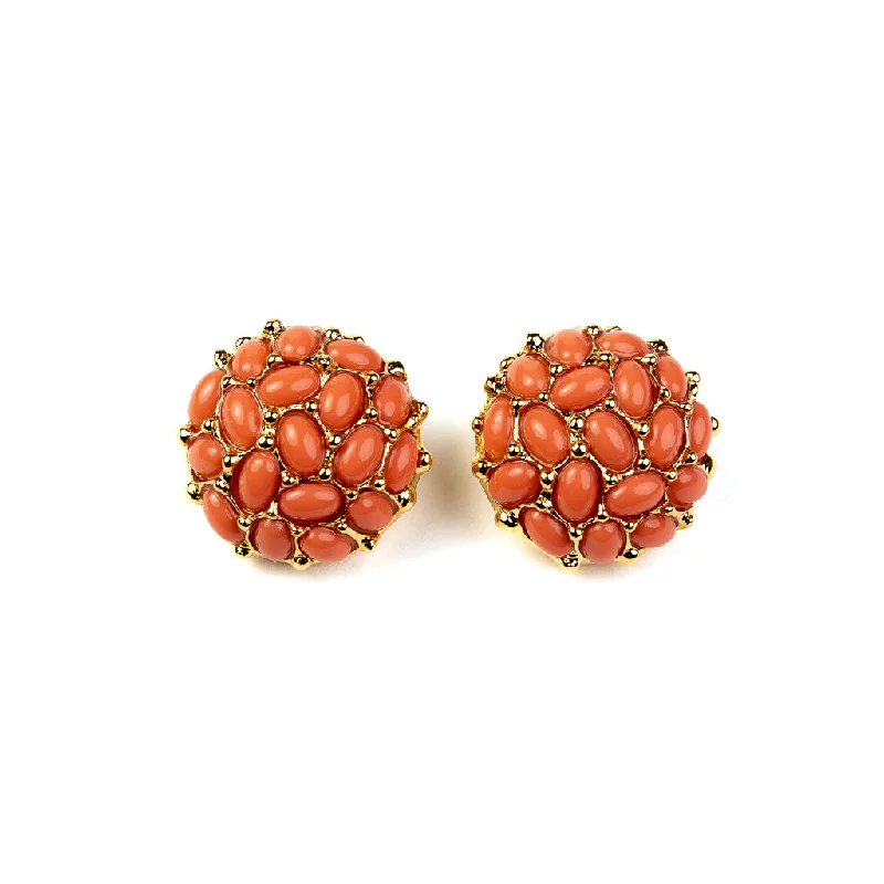 Gold with Light Coral Cabochon Button Clip Earrings