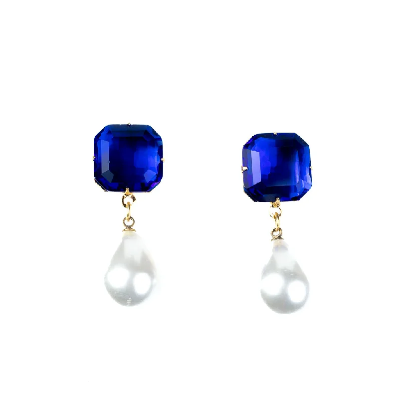 Sapphire Stone Pearl Drop Pierced Earrings