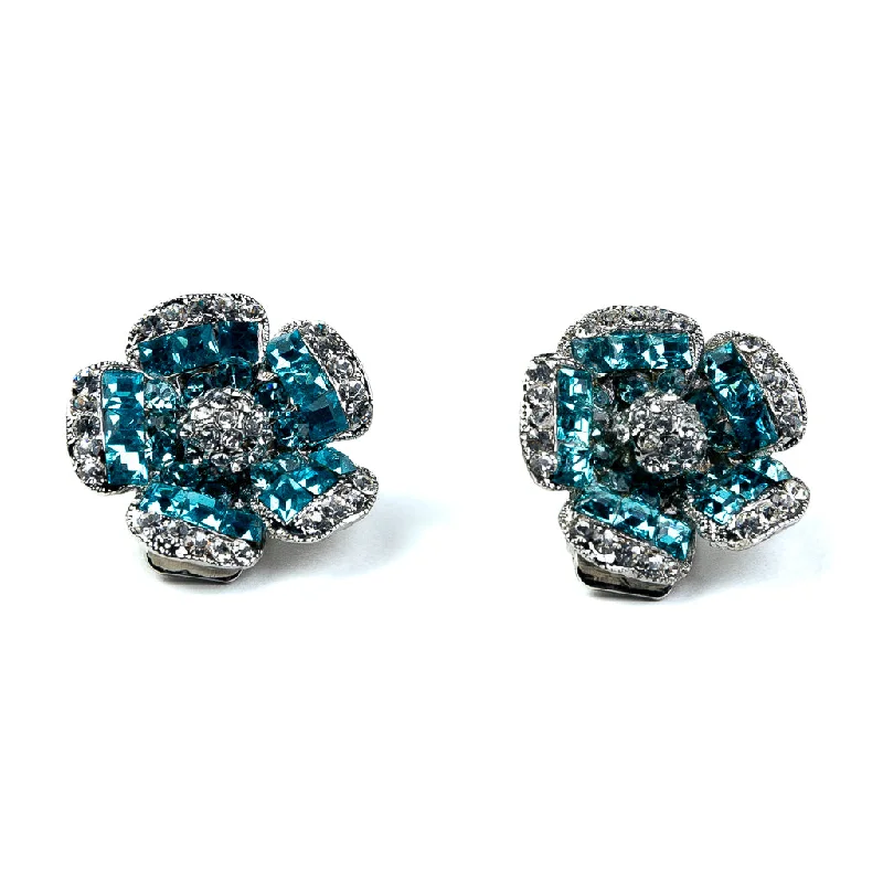 Rhinestone and Aqua Flower Clip Earrings