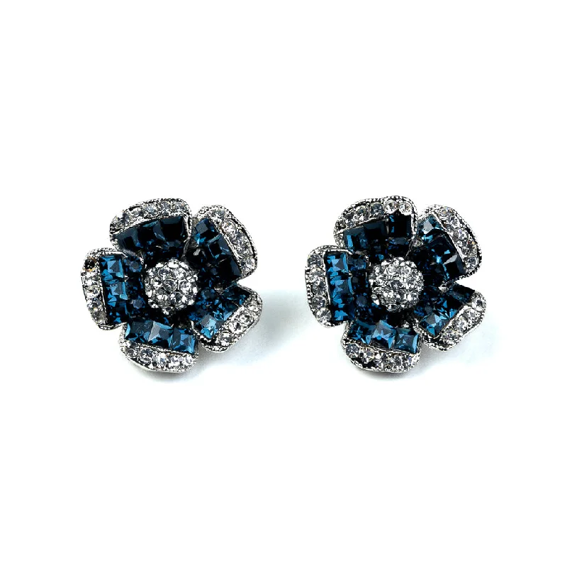 Rhinestone and Sapphire Flower Clip Earrings