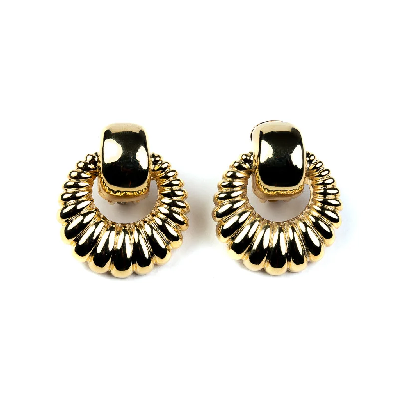 Polished Gold Ribbed DoorKnocker Clip Earrings