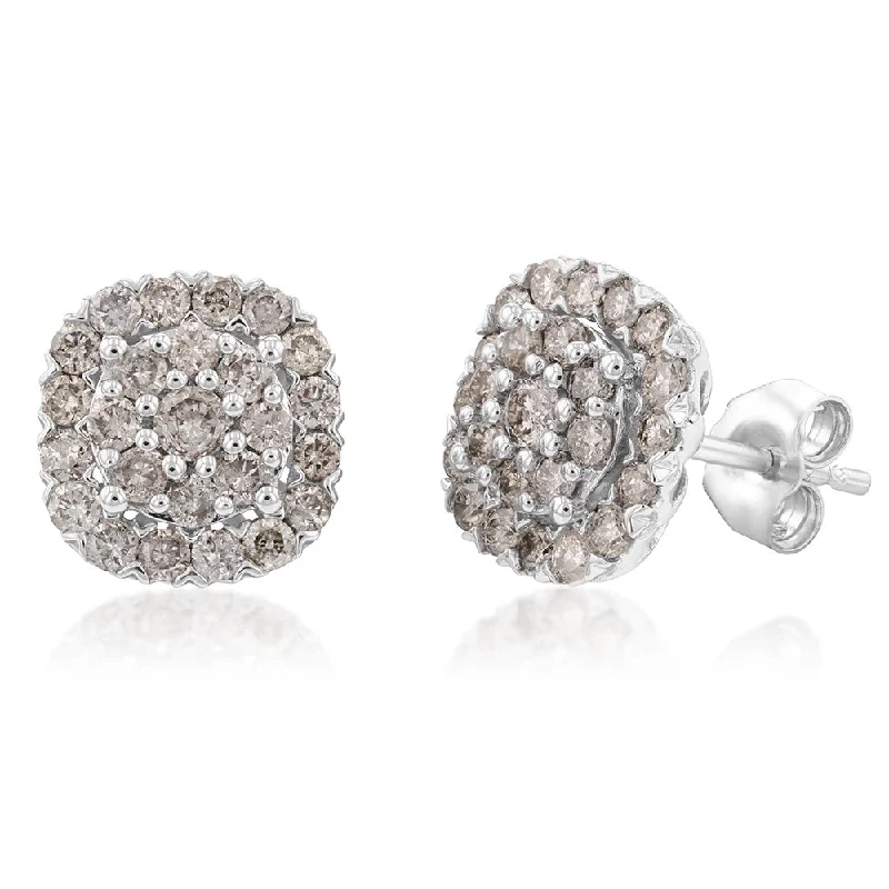 Dainty Floral Jewelry For Feminine Elegance 9ct White Gold 1 Carat Diamond Cluster Stud Earrings with 50 Brilliant Cut Diamonds