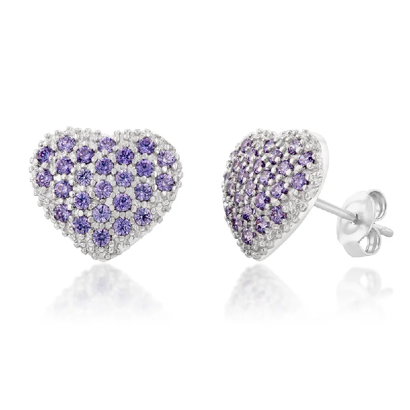 Trendy Minimalist Jewelry For Everyday Wear 9ct White Gold Purple Cubic Zirconia Pave Heart Stud Earrings