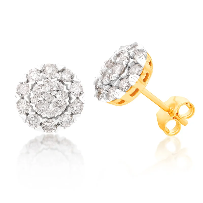 Chic, Trendy, And Affordable Jewelry Sale 9ct Yellow Gold 1 Carat Diamond Stud Earrings  with 38 Diamonds