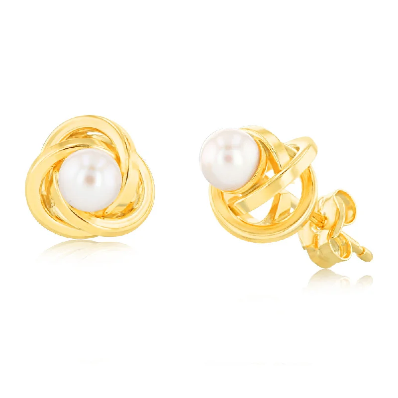 Elevate Your Jewelry Collection With Limited-Time Savings 9ct Yellow Gold 4mm Fresh Water Pearl Knot Stud Earrings