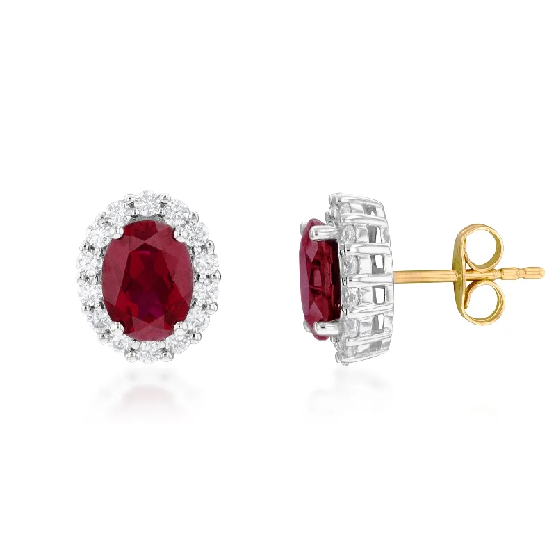 Best-Selling Jewelry Now Available At Special Deals 9ct Yellow Gold Created Ruby Oval + Cubic Zirconia Halo Stud Earrings