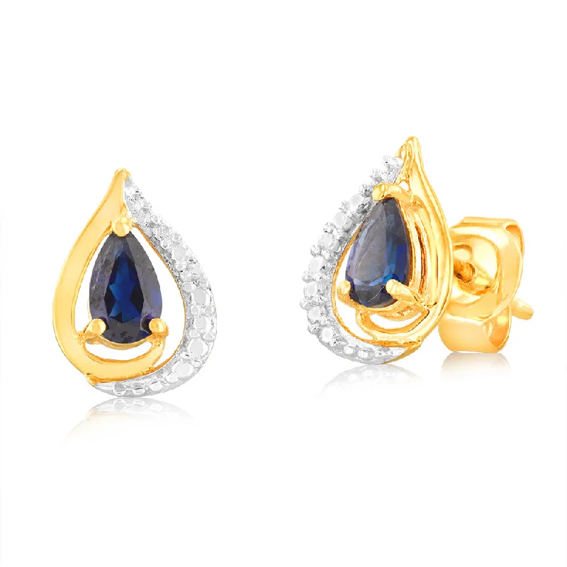 Fashion-Forward Jewelry At Exclusive Discounts 9ct Yellow Gold Created Sapphire 5x3mm & Diamond Stud Earrings