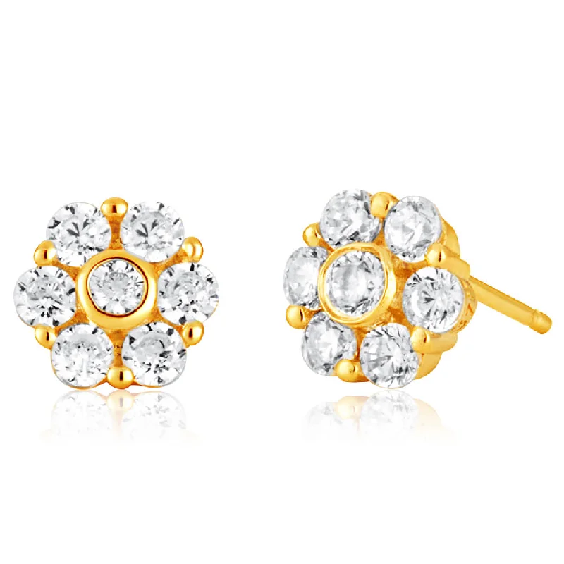 Trending Jewelry Now Available At Exclusive Prices 9ct Yellow Gold Flower Stud Earrings with Cubic Zirconias