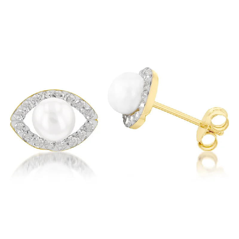 Unique Jewelry For Less – Shop The Sale Now 9ct Yellow Gold Fresh Water Pearl And Crystal Elliptical Stud Earrings