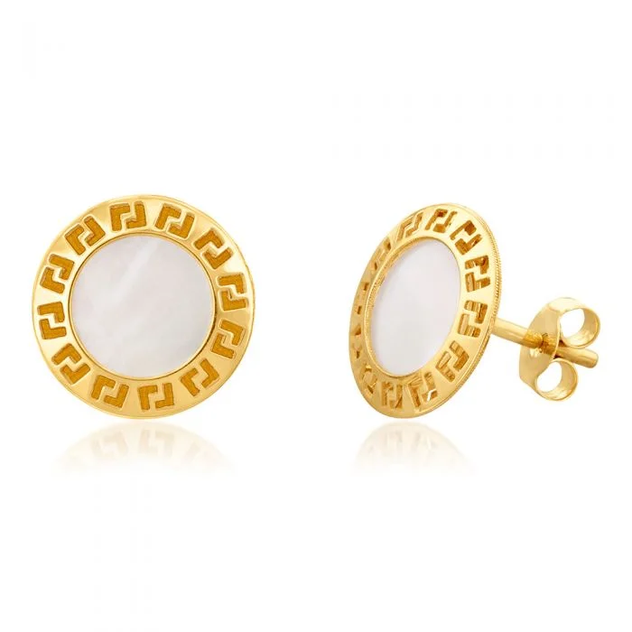 Shop Jewelry That Shines Without The High Price 9ct Yellow Gold Mother Of Pearl Greek Key Disc Stud Earrings