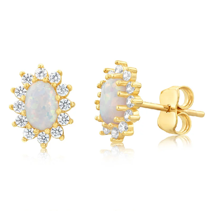 Shop Elegant Jewelry At Unbeatable Prices 9ct Yellow Gold Opal And Cubic Zirconia Oval Stud Earrings