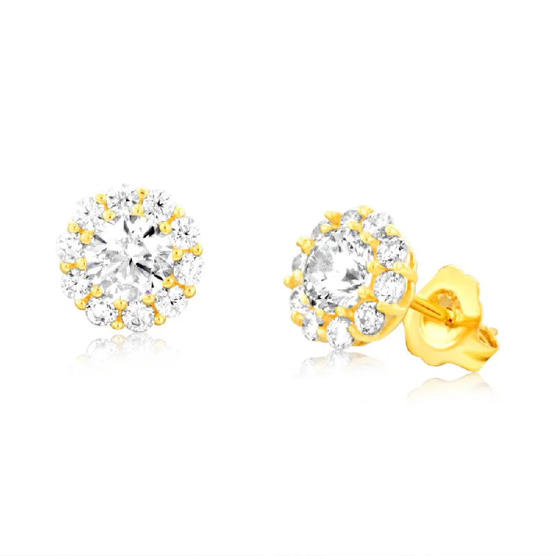 Modern Statement Jewelry For Bold Styling 9ct Yellow Gold Round Cubic Zirconia Stud Earrings