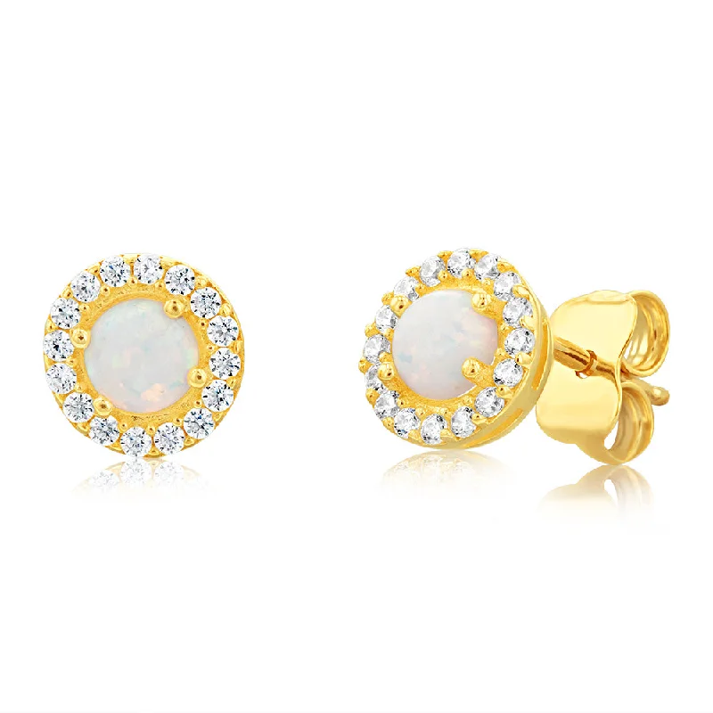 Buy More, Save More On Stunning Jewelry Designs 9ct Yellow Gold Round Opal And Zirconia Stud Earrings