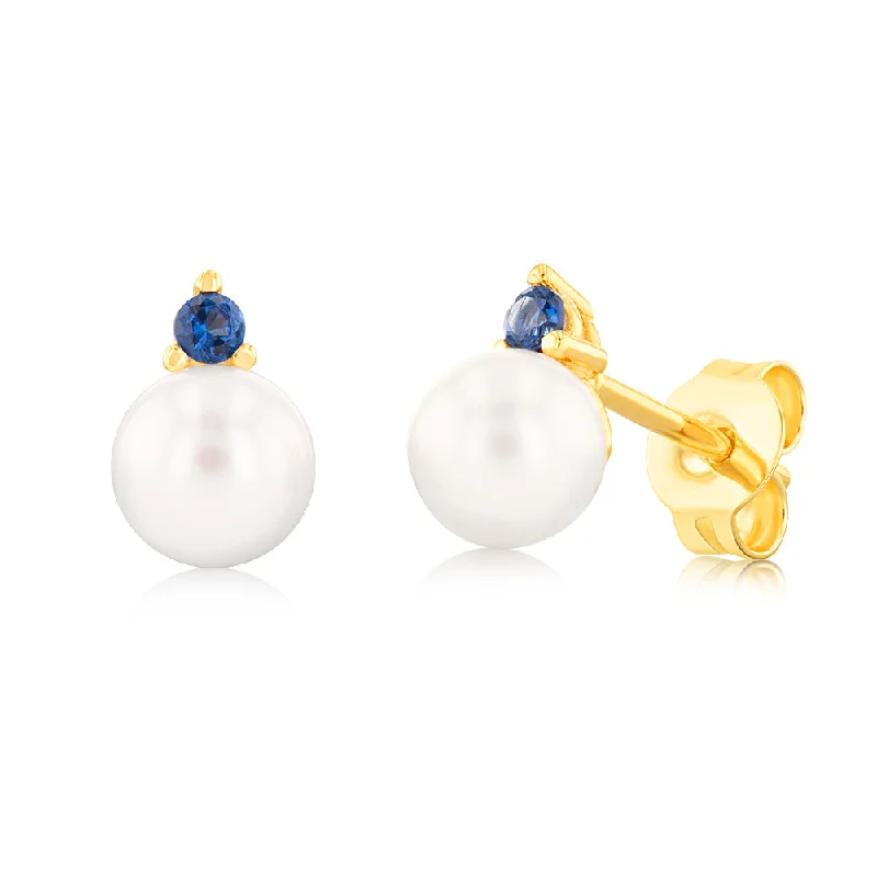 Shine Without Limits – Jewelry Sale Happening Now 9ct Yellow Gold Sapphire Blue Zirconia And Fresh Water Pearl Stud Earrings