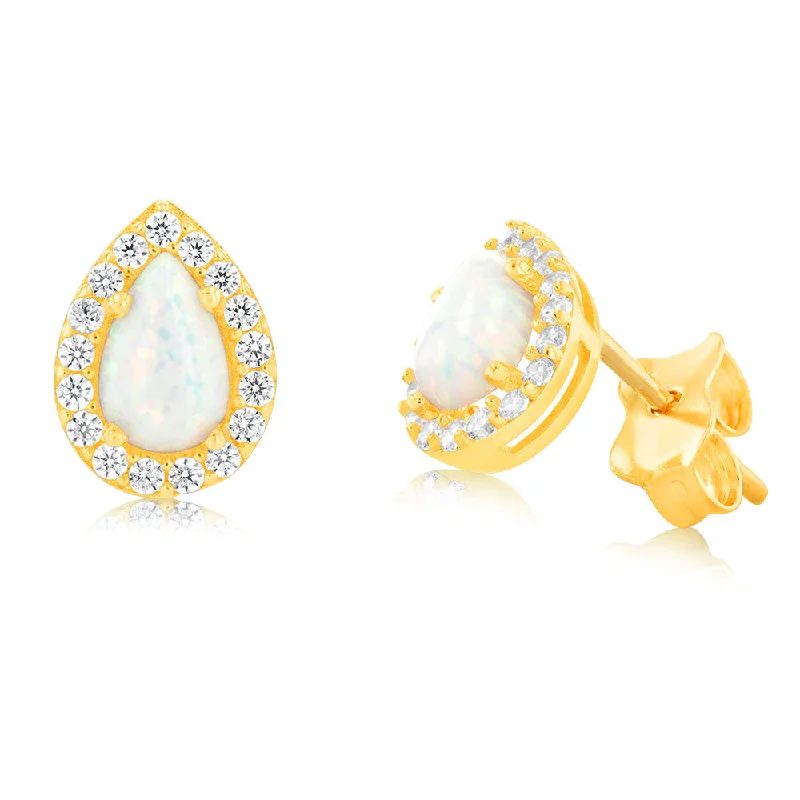 Timeless Elegance, Temporary Discounts – Act Fast 9ct Yellow Gold Teardrop Created Opal & Zirconia Stud Earrings